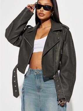 Black Faux Leather Moto Jacket - Women's Cropped Biker Coat